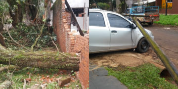 Cortaba un árbol y derribó un muro, un poste y dañó el auto del vecino