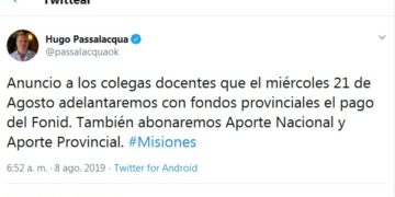 Passalacqua anunció que el miércoles 21, “adelanteremos el pago del Fonid con aportes provinciales”