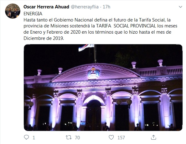Herrera Ahuad anunció que Misiones mantendrá la tarifa social en la energía durante enero y febrero