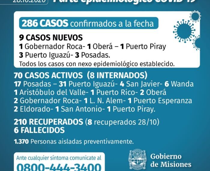 Coronavirus en Misiones: confirman 9 positivos y el total de infectados asciende a 286