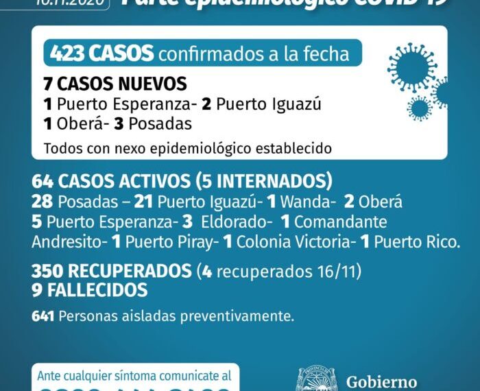Misiones registró 7 nuevos casos positivos de coronavirus