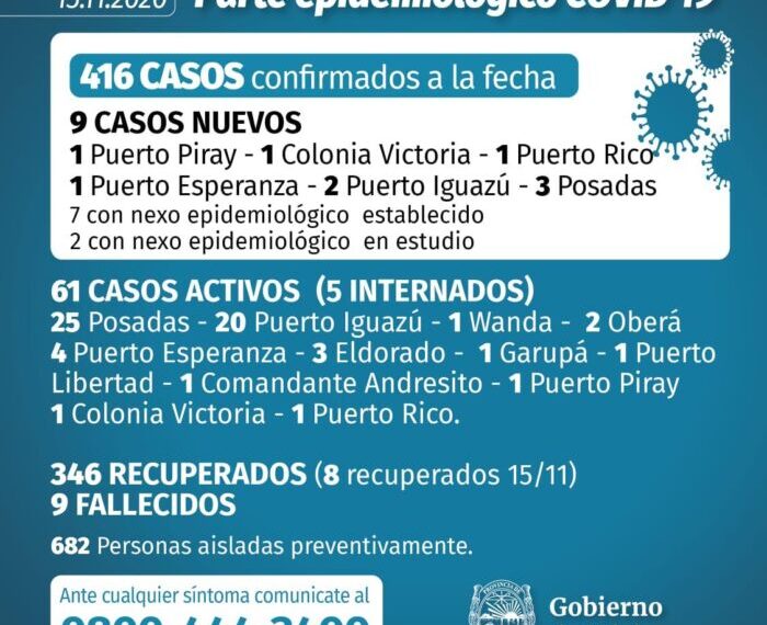Coronavirus: 9 casos positivos en Misiones y el total de infectados asciende a 416