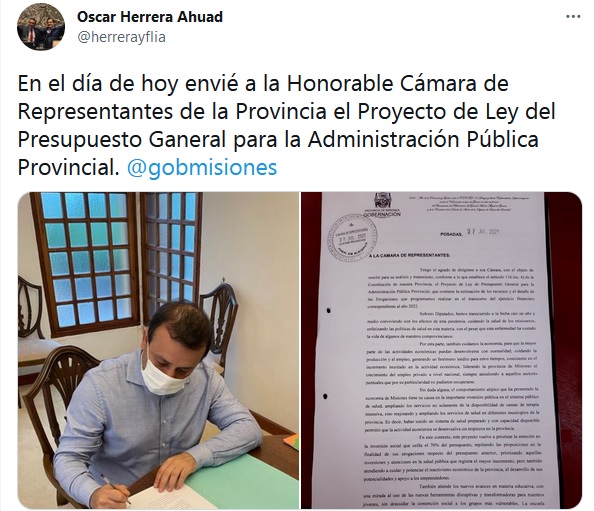 Herrera Ahuad envió a la Legislatura el Presupuesto Provincial 2022