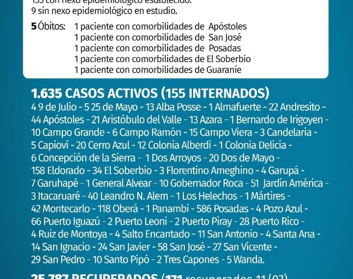 Misiones registró 5 fallecidos y 164 casos positivos