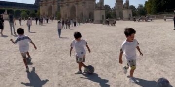 Mateo Messi en París, con la pelota atada desde chico