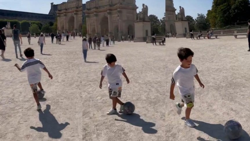 Mateo Messi en París, con la pelota atada desde chico