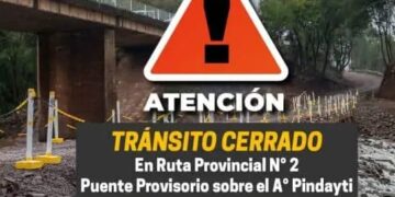 Se mantendrá cortado el tránsito del puente provisorio sobre el arroyo Pindaytí en Ruta Nº 2