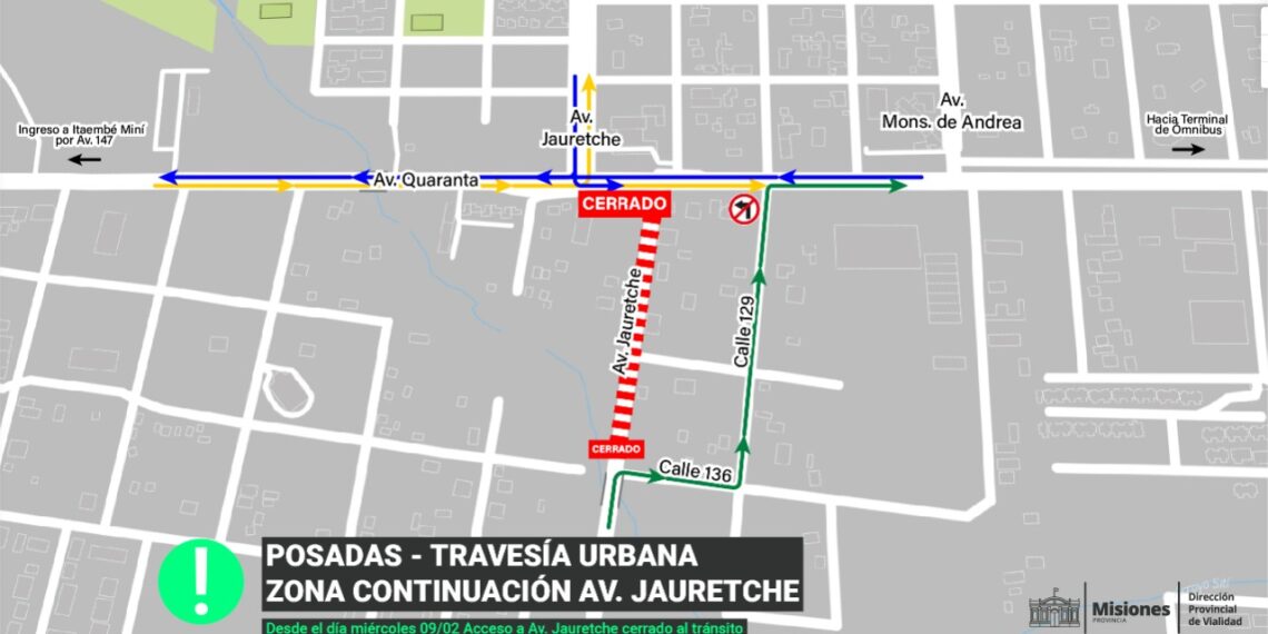 Travesía Urbana de Posadas: corte por obras en  colectora derecha (SUR) de la Quaranta y Jauretche