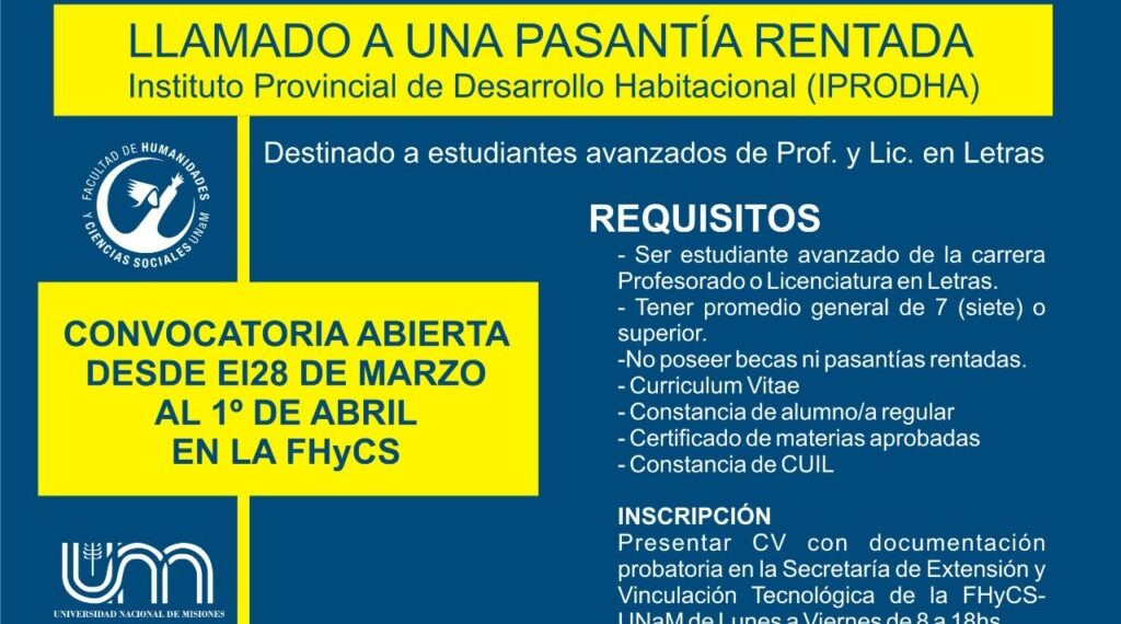 Convocan a pasantía rentada para estudiantes de Profesorado y Licenciatura en Letras