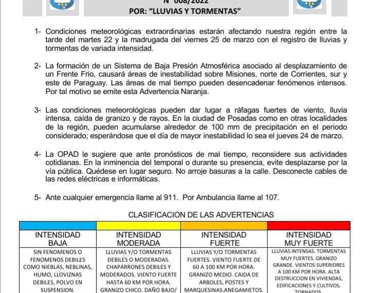Tiempo: rige una advertencia meteorológica naranja por lluvias y tormentas para la región