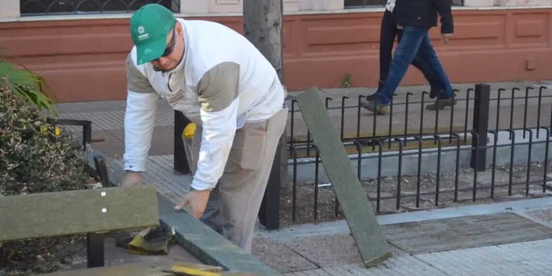 Posadas Sustentable: instalan bancos de madera plástica en la Plaza 9 de Julio