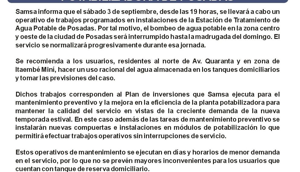 Samsa realizará mejoras en la planta potabilizadora de Posadas