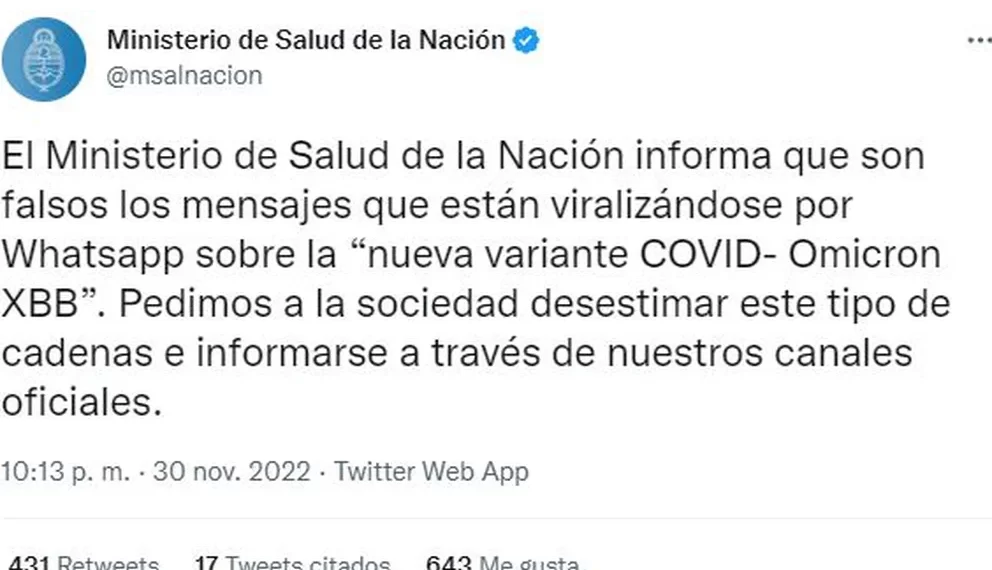 Alertan por falsos mensajes sobre la nueva variante Ómicron XBB que circulan por Whatsapp