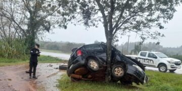 Tres heridos en despiste de un auto que terminó contra un árbol sobre la Ruta 14
