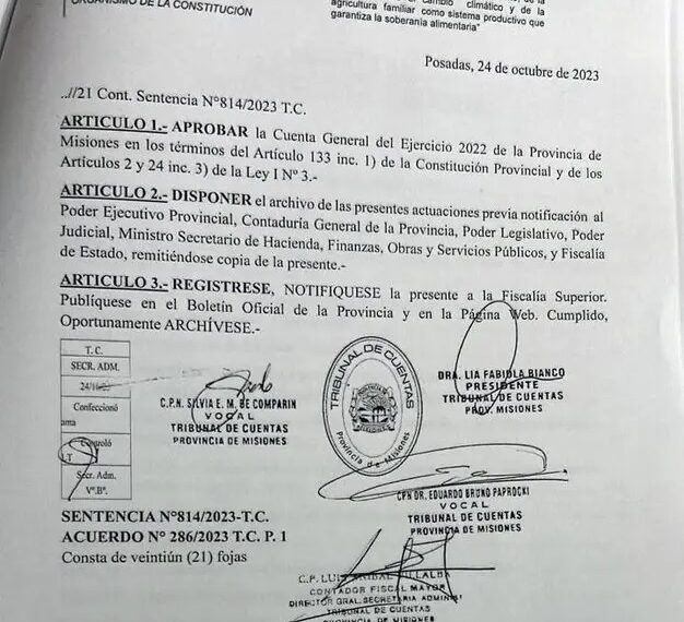 El Tribunal de Cuentas aprobó el ejercicio financiero 2022 de la Provincia