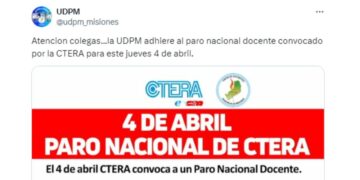 La UDPM adhiere al paro nacional docente convocado por la CTERA