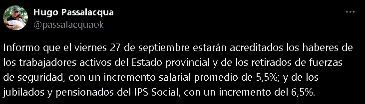 Passalacqua anunció el pago de haberes para los trabajadores de la administración pública