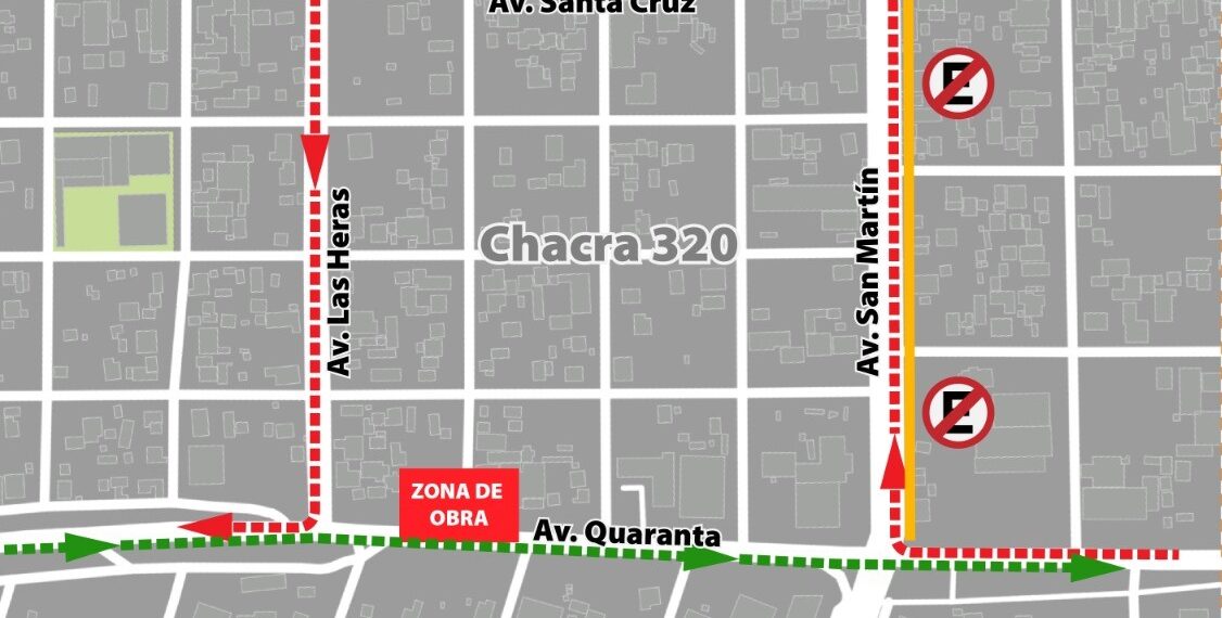 Desvío de tránsito por obras en zona de Quaranta y Las Heras
