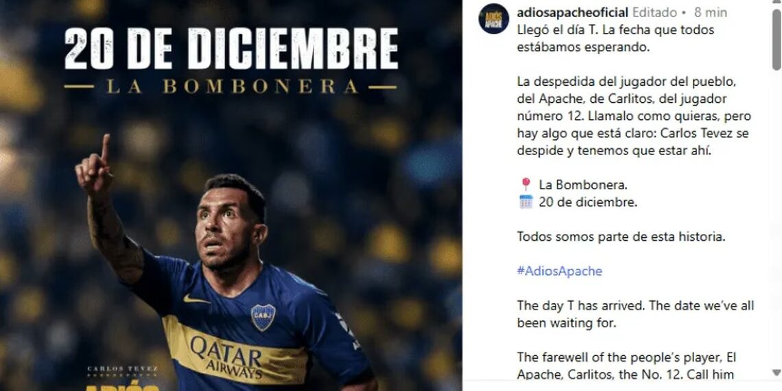 Tevez anunció la fecha de su partido despedida de Boca en La Bombonera